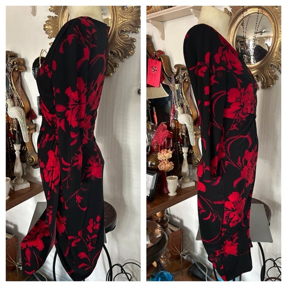 Lauren Ralph Lauren Faux Wrap Black & Red Floral Print Dress - Picture 3 of 6